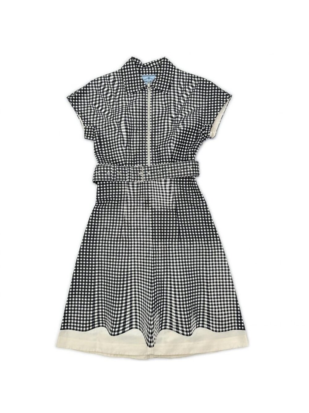 Prada Silk Gingham Check Waist Ribbon Half Zip Dress